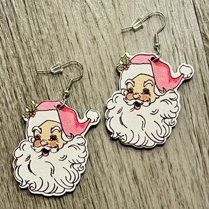 NEW Santa Claus Wooden Dangle Earrings Christmas Fishhook Pink Large 2”